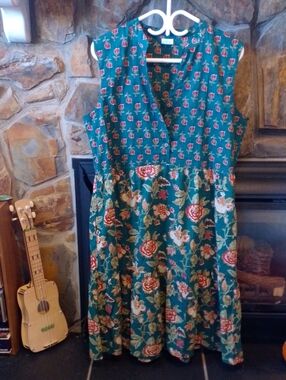 Karma East Sleeveless Turquoise Floral Cotton Dress India. Love. Wear.Connect .